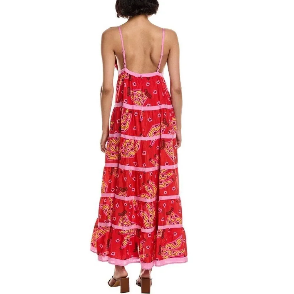 NWT FARM RIO RED TIKI BANANAS MAXI TIERED DRESS